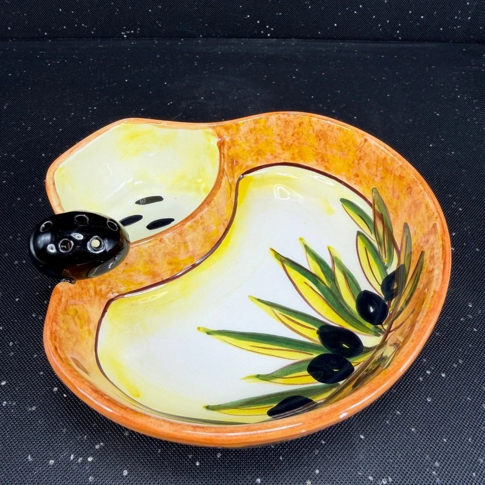 Hand Painted Ceramic Olive Serving Dish Mediterranean Signed 6in Orange Yellow